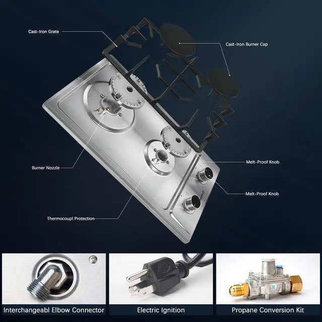 Alt view image 4 of 7 - 2 Burner Propane Cooktop for LPG/NG Dual Fuel, 110V Plug in | 12 Inch Stainless Steel Gas Stove, Two Burner Gas Cooktop with Flame-out Protection for Apartment, RV, Dorm, 110V Plug in