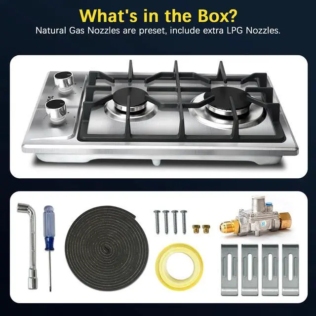 Alt view image 5 of 7 - 2 Burner Propane Cooktop for LPG/NG Dual Fuel, 110V Plug in | 12 Inch Stainless Steel Gas Stove, Two Burner Gas Cooktop with Flame-out Protection for Apartment, RV, Dorm, 110V Plug in