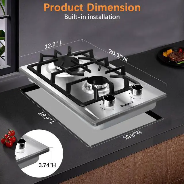 Alt view image 6 of 7 - 2 Burner Propane Cooktop for LPG/NG Dual Fuel, 110V Plug in | 12 Inch Stainless Steel Gas Stove, Two Burner Gas Cooktop with Flame-out Protection for Apartment, RV, Dorm, 110V Plug in