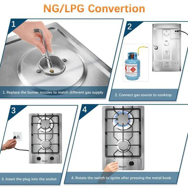 Alt view image 7 of 7 - 2 Burner Propane Cooktop for LPG/NG Dual Fuel, 110V Plug in | 12 Inch Stainless Steel Gas Stove, Two Burner Gas Cooktop with Flame-out Protection for Apartment, RV, Dorm, 110V Plug in