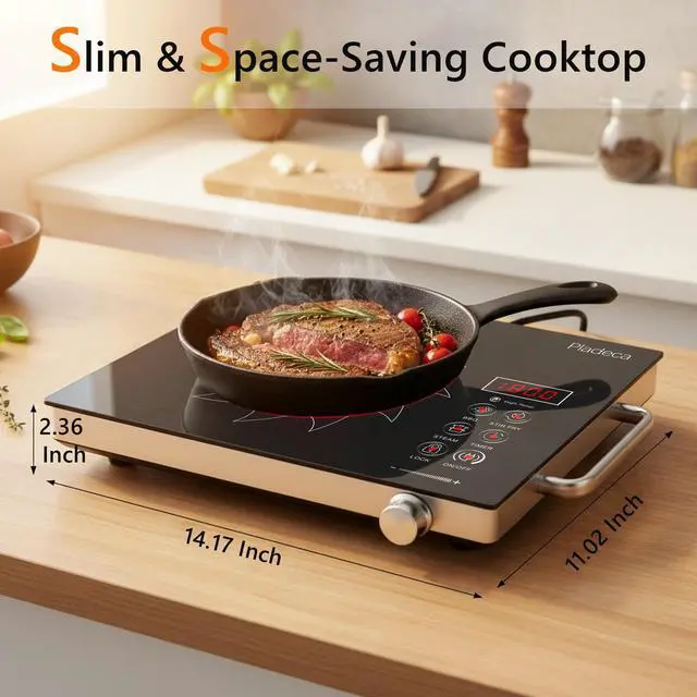 Alt view image 2 of 6 - Portale Electric Cooktop 110V with Handle, Knob and Touch Control | Single Burner Electric Stove,1800W One Burner Ceramic Cooktop, Timer, Child Lock, Overheat Protection, 9 Power Levels, Black