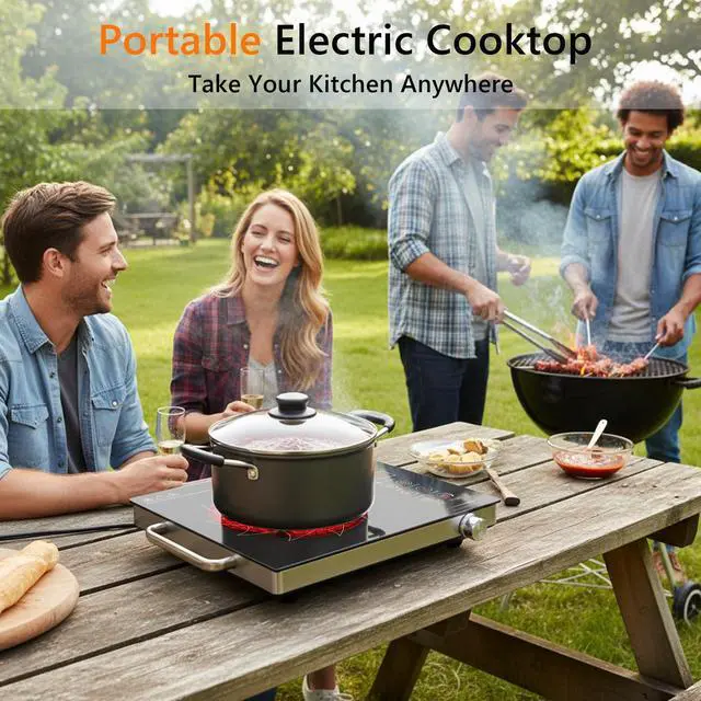 Alt view image 4 of 6 - Portale Electric Cooktop 110V with Handle, Knob and Touch Control | Single Burner Electric Stove,1800W One Burner Ceramic Cooktop, Timer, Child Lock, Overheat Protection, 9 Power Levels, Black