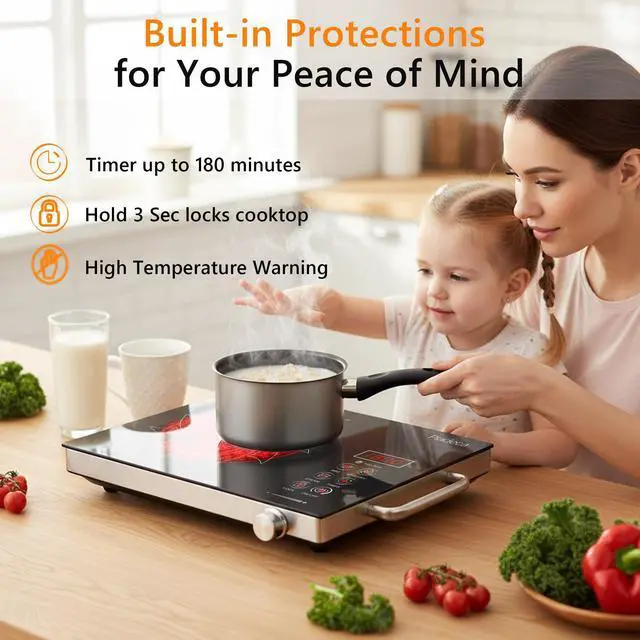 Alt view image 5 of 6 - Portale Electric Cooktop 110V with Handle, Knob and Touch Control | Single Burner Electric Stove,1800W One Burner Ceramic Cooktop, Timer, Child Lock, Overheat Protection, 9 Power Levels, Black