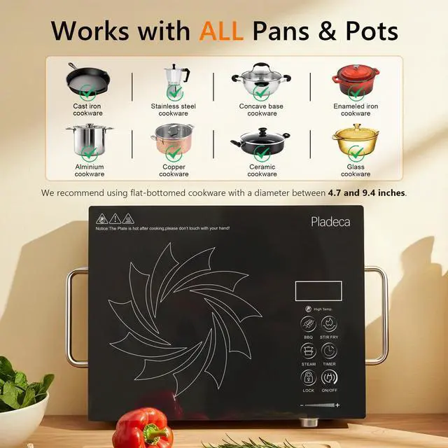 Alt view image 6 of 6 - Portale Electric Cooktop 110V with Handle, Knob and Touch Control | Single Burner Electric Stove,1800W One Burner Ceramic Cooktop, Timer, Child Lock, Overheat Protection, 9 Power Levels, Black