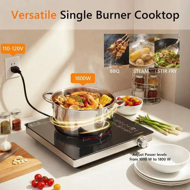 Alt view image 3 of 6 - Portale Electric Cooktop 110V with Handle, Knob and Touch Control | Single Burner Electric Stove,1800W One Burner Ceramic Cooktop, Timer, Child Lock, Overheat Protection, 9 Power Levels, Black