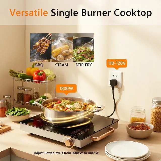 Alt view image 3 of 6 - Portale Electric Cooktop 110V with Handle, Knob and Touch Control | Single Burner Electric Stove,1800W One Burner Ceramic Cooktop, Timer, Child Lock, Overheat Protection, 9 Power Levels, Gold