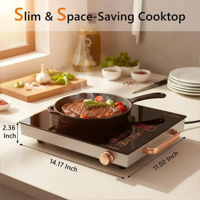Alt view image 2 of 6 - Portale Electric Cooktop 110V with Handle, Knob and Touch Control | Single Burner Electric Stove,1800W One Burner Ceramic Cooktop, Timer, Child Lock, Overheat Protection, 9 Power Levels, Gold