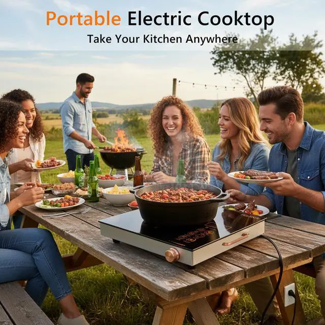 Alt view image 4 of 6 - Portale Electric Cooktop 110V with Handle, Knob and Touch Control | Single Burner Electric Stove,1800W One Burner Ceramic Cooktop, Timer, Child Lock, Overheat Protection, 9 Power Levels, Gold