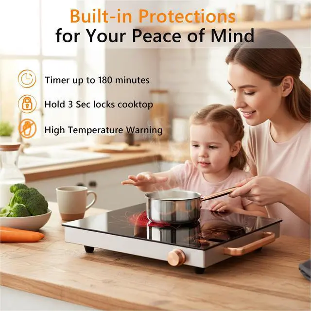 Alt view image 5 of 6 - Portale Electric Cooktop 110V with Handle, Knob and Touch Control | Single Burner Electric Stove,1800W One Burner Ceramic Cooktop, Timer, Child Lock, Overheat Protection, 9 Power Levels, Gold