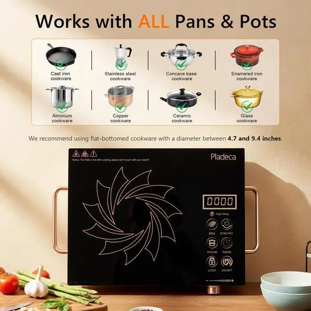 Alt view image 6 of 6 - Portale Electric Cooktop 110V with Handle, Knob and Touch Control | Single Burner Electric Stove,1800W One Burner Ceramic Cooktop, Timer, Child Lock, Overheat Protection, 9 Power Levels, Gold