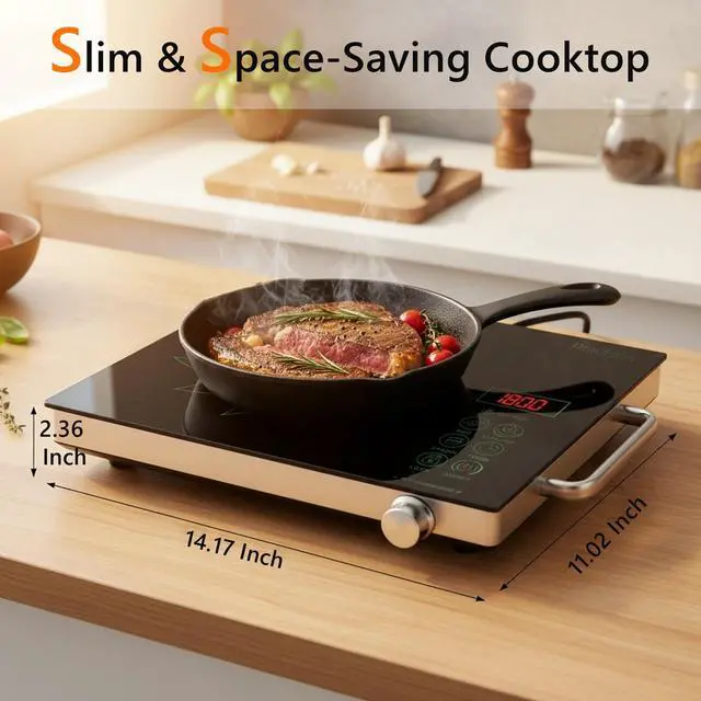 Alt view image 2 of 6 - Portale Electric Cooktop 110V with Handle, Knob and Touch Control | Single Burner Electric Stove,1800W One Burner Ceramic Cooktop, Timer, Child Lock, Overheat Protection, 9 Power Levels, Green
