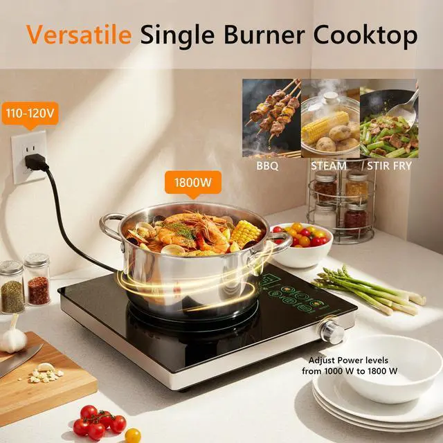 Alt view image 3 of 6 - Portale Electric Cooktop 110V with Handle, Knob and Touch Control | Single Burner Electric Stove,1800W One Burner Ceramic Cooktop, Timer, Child Lock, Overheat Protection, 9 Power Levels, Green