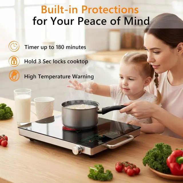 Alt view image 5 of 6 - Portale Electric Cooktop 110V with Handle, Knob and Touch Control | Single Burner Electric Stove,1800W One Burner Ceramic Cooktop, Timer, Child Lock, Overheat Protection, 9 Power Levels, Green