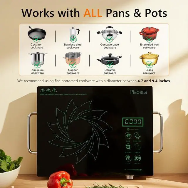 Alt view image 6 of 6 - Portale Electric Cooktop 110V with Handle, Knob and Touch Control | Single Burner Electric Stove,1800W One Burner Ceramic Cooktop, Timer, Child Lock, Overheat Protection, 9 Power Levels, Green