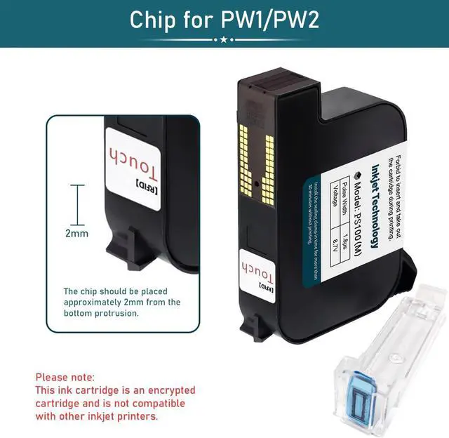 Alt view image 2 of 7 - 0.5inch Automatic Online Inkjet Coding Machine Ink Cartridge Replacement PS100 with Chips, Fast-Dry Solvent Cartridge for Variable Data/Date/Logo/Barcode/Image Inkjet Printer, (for PW1 / PW2)
