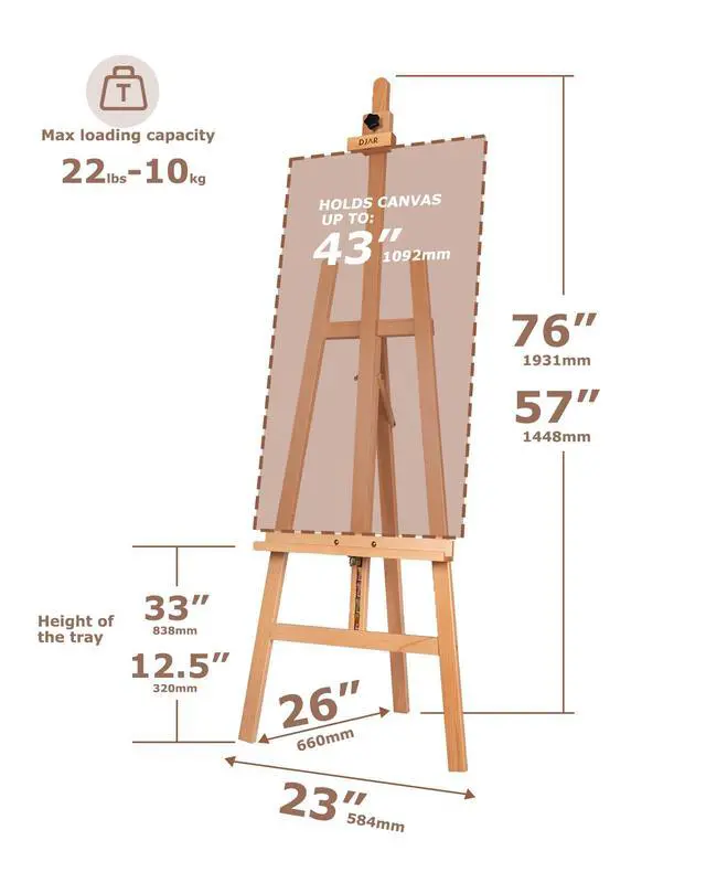Alt view image 2 of 6 - Adjustable Wooden Painting Art Easel Stand for Artists, Natural | Sturdy Floor Display Stand for Studio Gallery, Holds Canvas up to 43", Solid Beech Wood easel for Students & Beginners