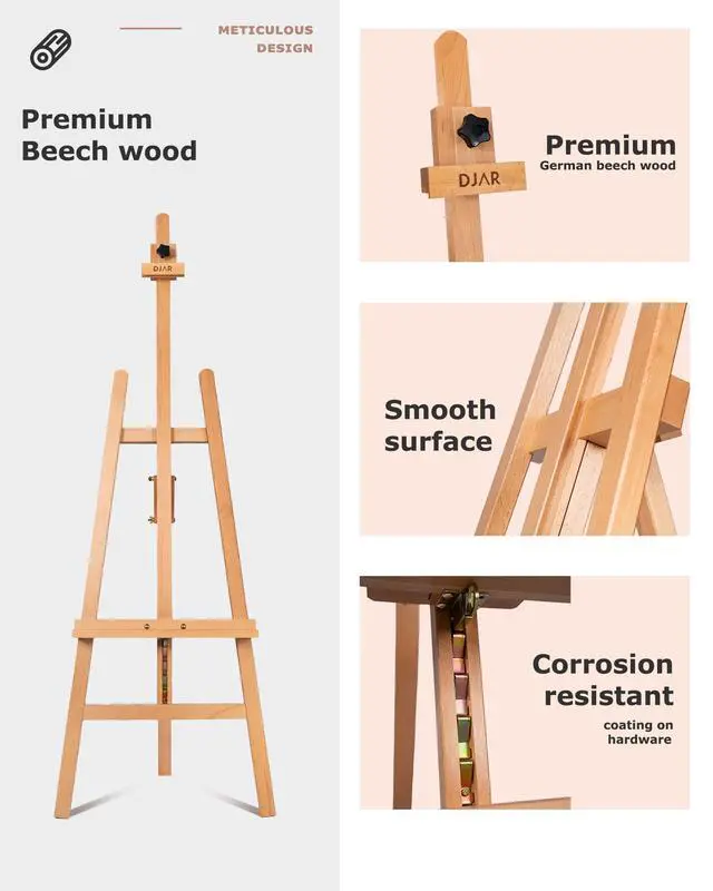 Alt view image 3 of 6 - Adjustable Wooden Painting Art Easel Stand for Artists, Natural | Sturdy Floor Display Stand for Studio Gallery, Holds Canvas up to 43", Solid Beech Wood easel for Students & Beginners