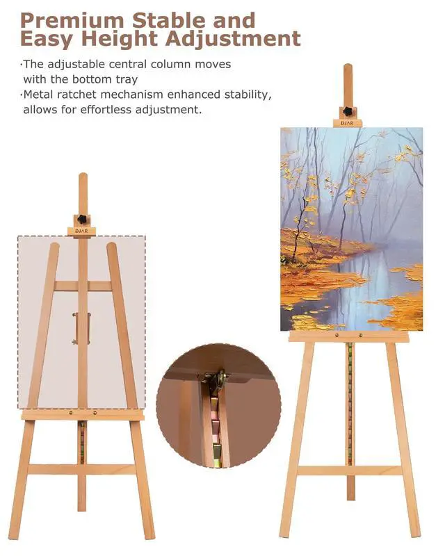 Alt view image 5 of 6 - Adjustable Wooden Painting Art Easel Stand for Artists, Natural | Sturdy Floor Display Stand for Studio Gallery, Holds Canvas up to 43", Solid Beech Wood easel for Students & Beginners