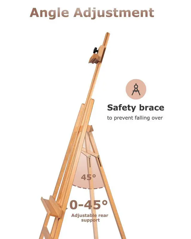 Alt view image 4 of 6 - Adjustable Wooden Painting Art Easel Stand for Artists, Natural | Sturdy Floor Display Stand for Studio Gallery, Holds Canvas up to 43", Solid Beech Wood easel for Students & Beginners