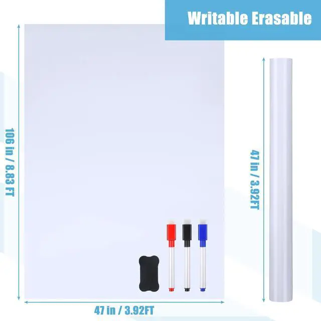 Alt view image 2 of 7 - Dry Erase Whiteboard Sticker Wall Decor Self-Adhesive Whiteboard Contact Paper Magnetic White Board Wall Paper Peel and Stick with 3 Markers and Eraser for Home, Office, Classroom(47 x 106 Inch)