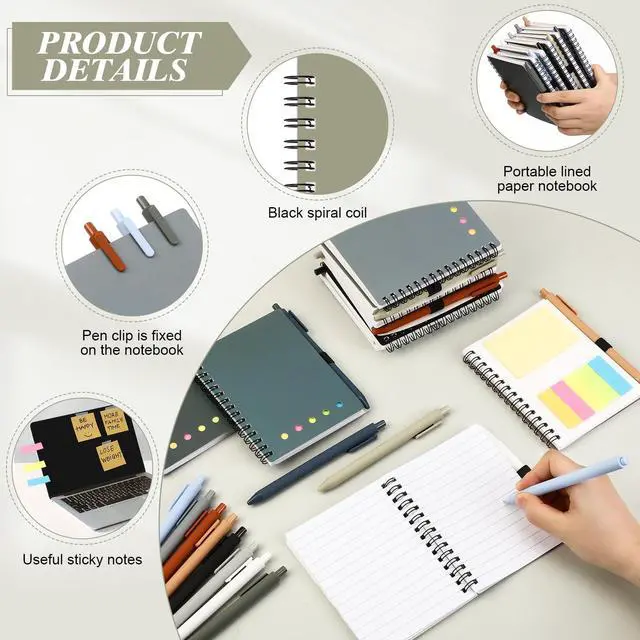 Alt view image 5 of 6 - 50 Sets Lined Spiral Notebooks with Sticky Notes and Bamboo Pens, Back-to-school Gifts for Office Teachers Staff, Boho Notebook with Pen Bulk Gift (Neutral)