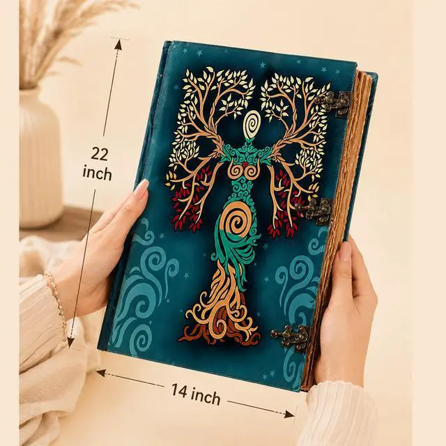Alt view image 2 of 7 - Blank Green Spell Book Of Shadows Journal With Lock Clasp Prop hocus pocus Vintage Handmade Leather Diary Embossed Prayer Pagan Antique Witchcraft Wiccan Notebook Daily 22 X 14 Inches hocus