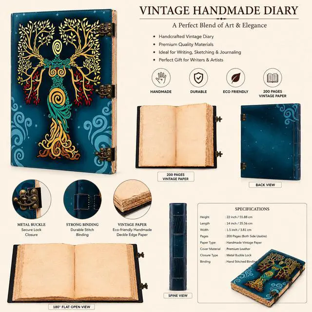 Alt view image 6 of 7 - Blank Green Spell Book Of Shadows Journal With Lock Clasp Prop hocus pocus Vintage Handmade Leather Diary Embossed Prayer Pagan Antique Witchcraft Wiccan Notebook Daily 22 X 14 Inches hocus