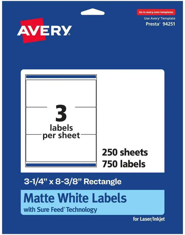 Main image of Matte White Rectangle Labels, Sure Feed Technology, 3-1/4" x 8-3/8", 750 Matte White Printable Labels