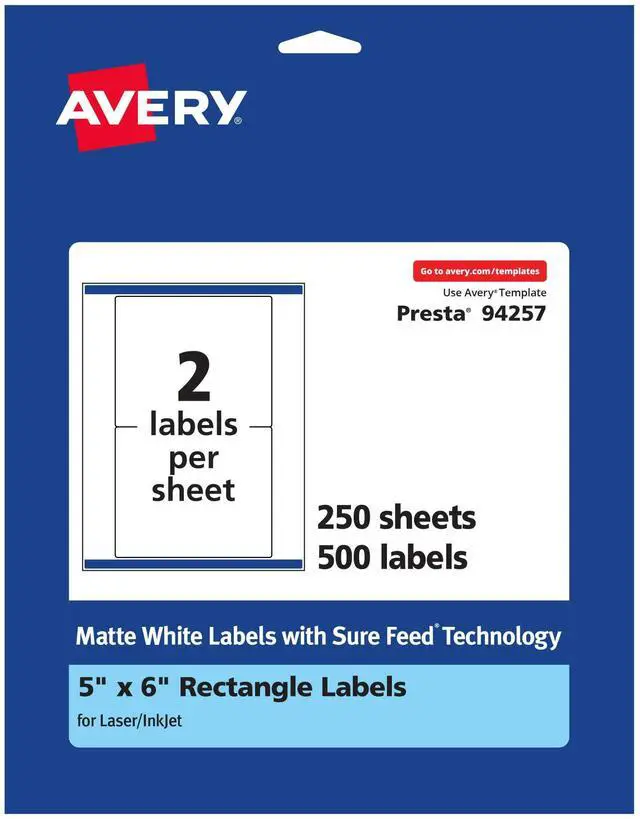 Main image of ® Matte White Rectangle Labels, Sure Feed® Technology, 5" x 6", 500 Matte White Printable Labels