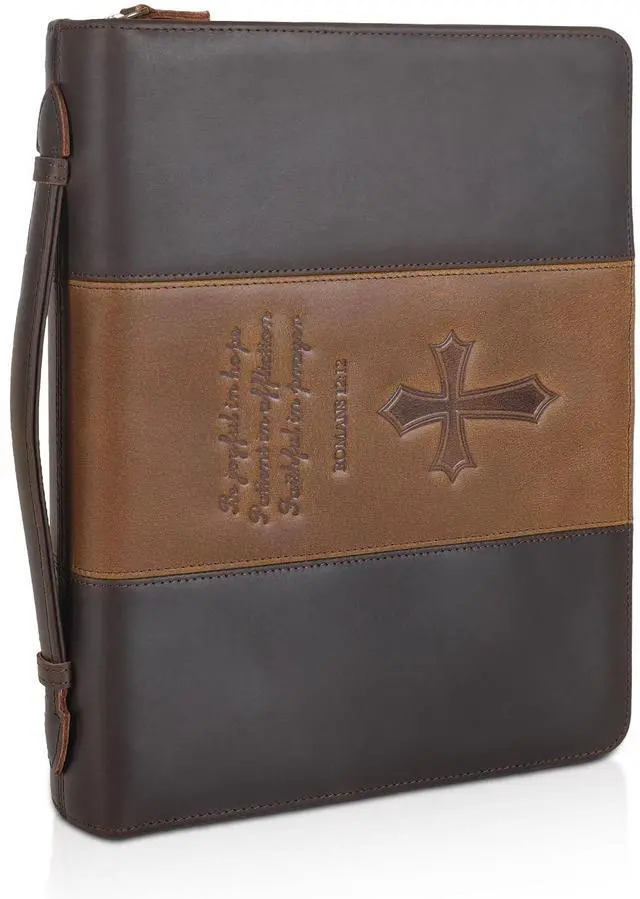 Main image of Polare Full Grain Leather Bible Case Book Protective Holder Bible Cover Church Bag Christian Religious Carrying Organizer Portfolio for Men (Dark Brown & Brown, Large)