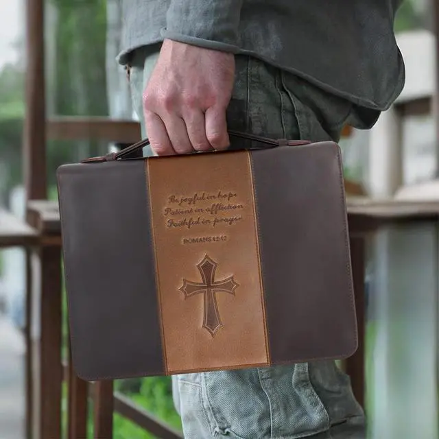 Alt view image 3 of 7 - Polare Full Grain Leather Bible Case Book Protective Holder Bible Cover Church Bag Christian Religious Carrying Organizer Portfolio for Men (Dark Brown & Brown, Large)