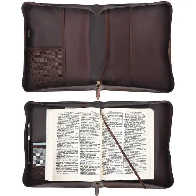 Alt view image 6 of 7 - Polare Full Grain Leather Bible Case Book Protective Holder Bible Cover Church Bag Christian Religious Carrying Organizer Portfolio for Men (Dark Brown & Brown, Large)