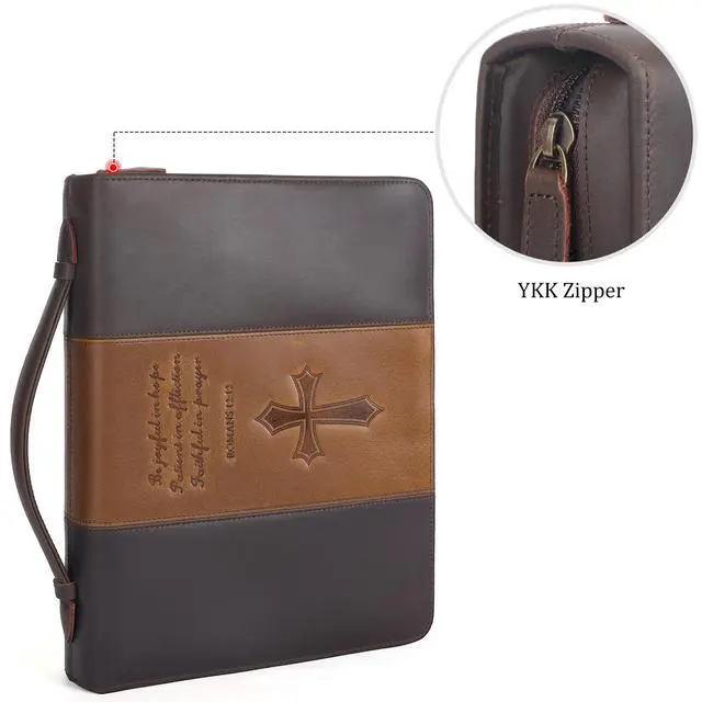 Alt view image 4 of 7 - Polare Full Grain Leather Bible Case Book Protective Holder Bible Cover Church Bag Christian Religious Carrying Organizer Portfolio for Men (Dark Brown & Brown, Large)