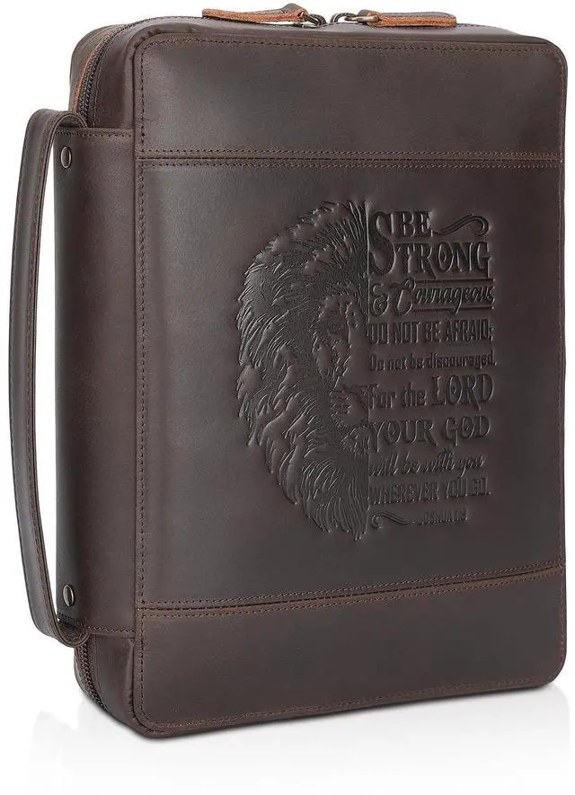 Main image of Polare Full Grain Leather Bible Cover Church Bag 10.5x7.75x2.25 inch Carrying Book Case Bible Protective with Handle and YKK Zipper Christian, Religious Gifts for Men Women