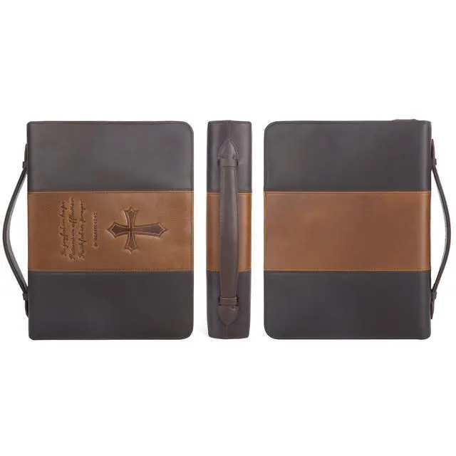 Alt view image 7 of 7 - Polare Full Grain Leather Bible Case Book Protective Holder Bible Cover Church Bag Christian Religious Carrying Organizer Portfolio for Men (Dark Brown & Brown, Large)