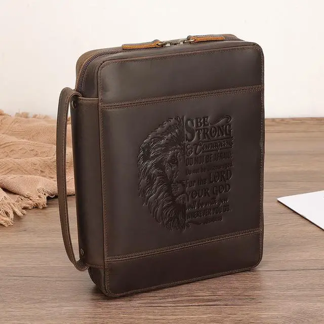 Alt view image 5 of 7 - Polare Full Grain Leather Bible Cover Church Bag 10.5x7.75x2.25 inch Carrying Book Case Bible Protective with Handle and YKK Zipper Christian, Religious Gifts for Men Women