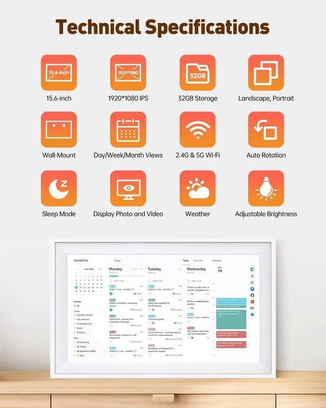 Alt view image 7 of 7 - 15.6 Inches Smart Digital Calendar, Electronic Starlight Calendar Wall Touch Screen, Wall/Desk Mountable, Two-Way Sync with Online Calendars, Family Schedule, Chore & Meal Planner, Photo Display