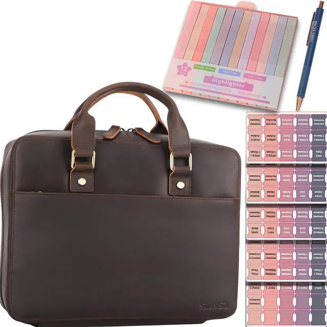 Main image of Benedictus Full Grain Leather Bible Cover, Church Book Bag with Detachable Highlighter Panel, 12-Color Highlighter Set, Gel Pen & Bible Index Tabs Included