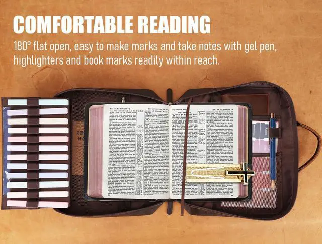 Alt view image 4 of 7 - Benedictus Full Grain Leather Bible Cover, Church Book Bag with Detachable Highlighter Panel, 12-Color Highlighter Set, Gel Pen & Bible Index Tabs Included