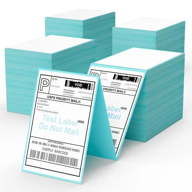 Main image of 4" x 6" Fanfold Direct Thermal Labels, 4000 Labels (4 Stacks of 1000), Blue Background, Super Permanent Adhesive, Compatible with Zebra, Intermec, Datamax, Printronix Printers