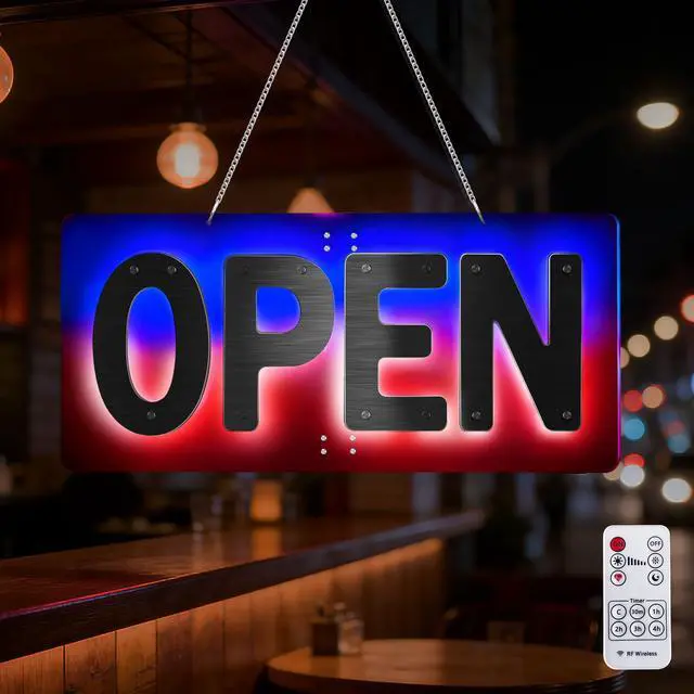 Alt view image 2 of 7 - LED Open Sign for Business, Open Sign for Bar Window Decor, 32" x 14.5" Dimmable Red Blue White Halo Backlight Storefront Signs with Remote Control (USA Flag Design)