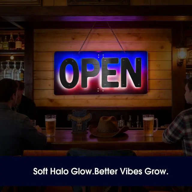 Alt view image 3 of 7 - LED Open Sign for Business, Open Sign for Bar Window Decor, 32" x 14.5" Dimmable Red Blue White Halo Backlight Storefront Signs with Remote Control (USA Flag Design)