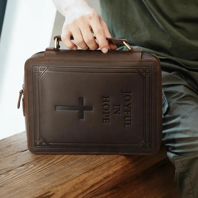 Alt view image 2 of 7 - Polare Full Grain Leather Bible Cover Church Bag Carrying Book Case Bible Protective with Handle and YKK Zipper 11.2x8.25x2.3 inch Christian, Religious Gifts for Men