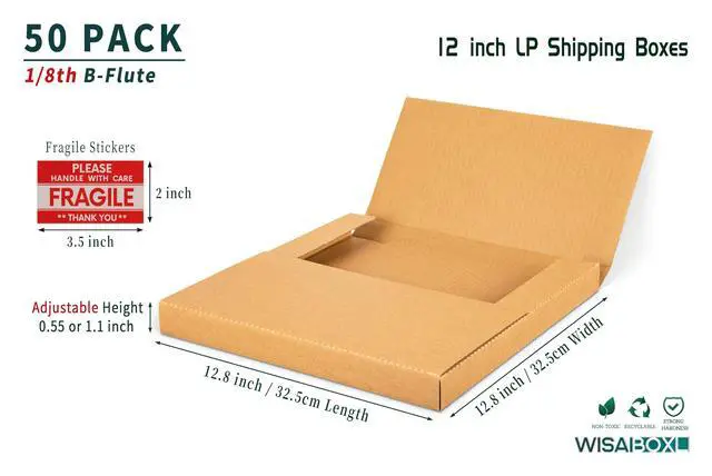 Alt view image 2 of 7 - LP Mailers, 12.8x12.8x1-inch Vinyl Record Shipping Boxes, 50 Pack | 3mm Thick Corrugated Cardboard Box with Fragile Stickers, Easy-Fold, Multi-Depth, Kraft
