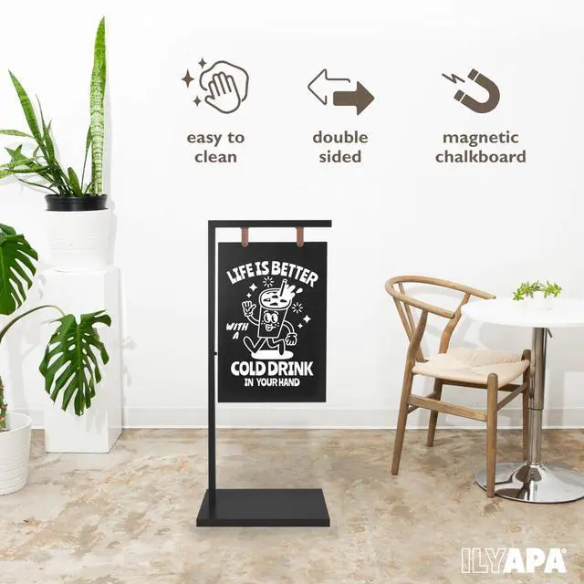 Alt view image 3 of 6 - Metal A Frame Sign, Chalkboard Sidewalk Sign - 18x43 In Outdoor | Double Sided Magnetic Chalkboard, Swinging Sandwich Board Signs, Includes Chalk & Eraser - For Businesses - Black