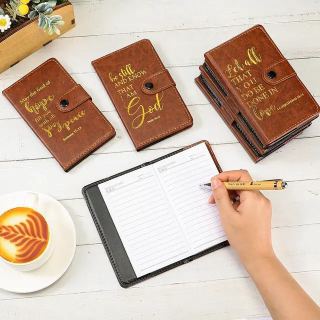 Alt view image 4 of 6 - 36 Sets Christian Notebook Gift Bulk Leather Prayer Journal Bible Study Notebook Verse Ballpoint Pen Religious Scripture Notepad for Graduates Church Clergy Gift Sunday School