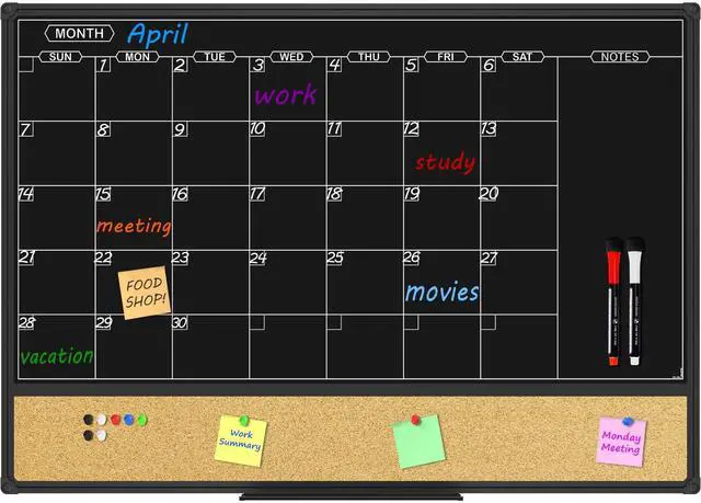 Main image of Magnetic Black Calendar Dry Erase Board & Bulletin Board Combo, 36 x 24 Inch Dry Erase Board for Liquid Chalk Markers, Black Aluminum Frame for Office Home and School with 10 Push Pins
