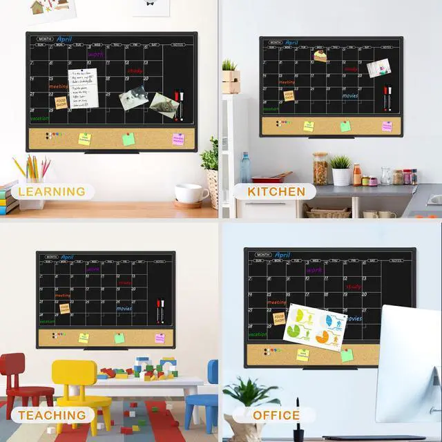 Alt view image 2 of 7 - Magnetic Black Calendar Dry Erase Board & Bulletin Board Combo, 36 x 24 Inch Dry Erase Board for Liquid Chalk Markers, Black Aluminum Frame for Office Home and School with 10 Push Pins