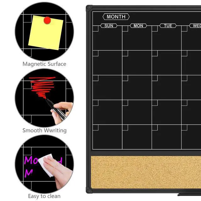 Alt view image 3 of 7 - Magnetic Black Calendar Dry Erase Board & Bulletin Board Combo, 36 x 24 Inch Dry Erase Board for Liquid Chalk Markers, Black Aluminum Frame for Office Home and School with 10 Push Pins