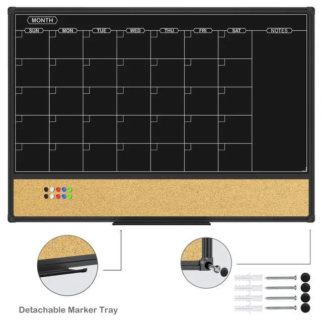 Alt view image 6 of 7 - Magnetic Black Calendar Dry Erase Board & Bulletin Board Combo, 36 x 24 Inch Dry Erase Board for Liquid Chalk Markers, Black Aluminum Frame for Office Home and School with 10 Push Pins
